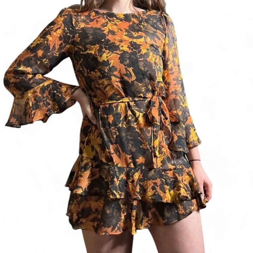 Olivaceous - Orange/Black Ruffled Bell Sleeve Wrap Dress‎ - size M